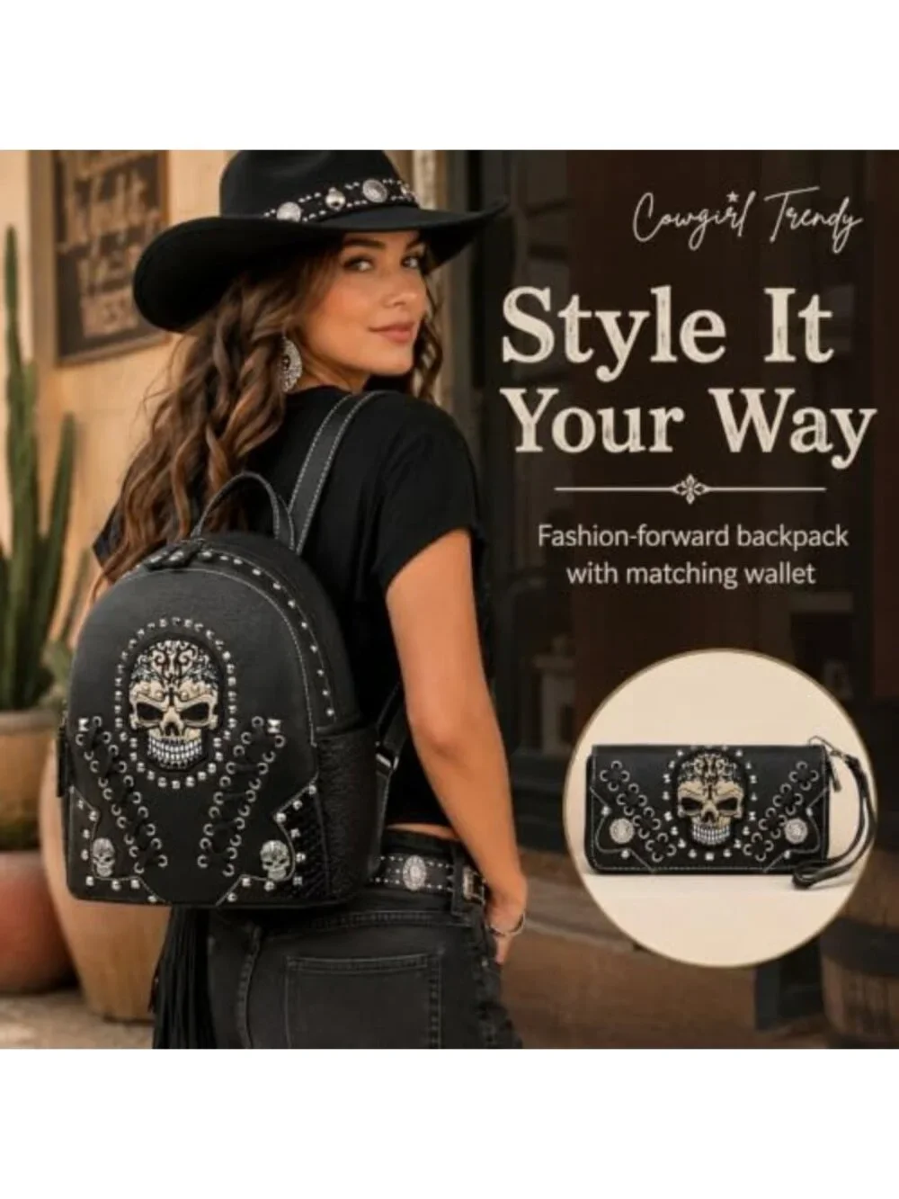 Gothic Skull Backpack Purse & Wallet Set | Stylish Women's Accessories